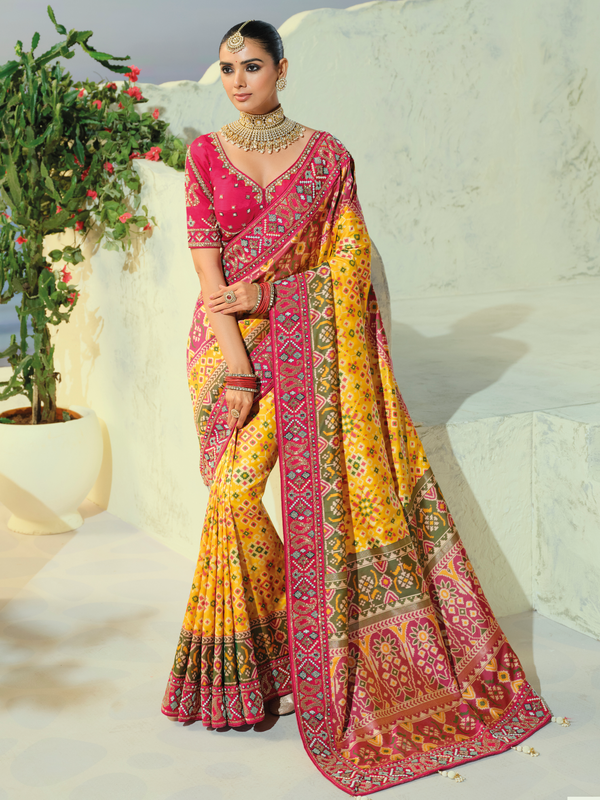 Sunshine Yellow Patola Silk Saree With Contrast Blouse