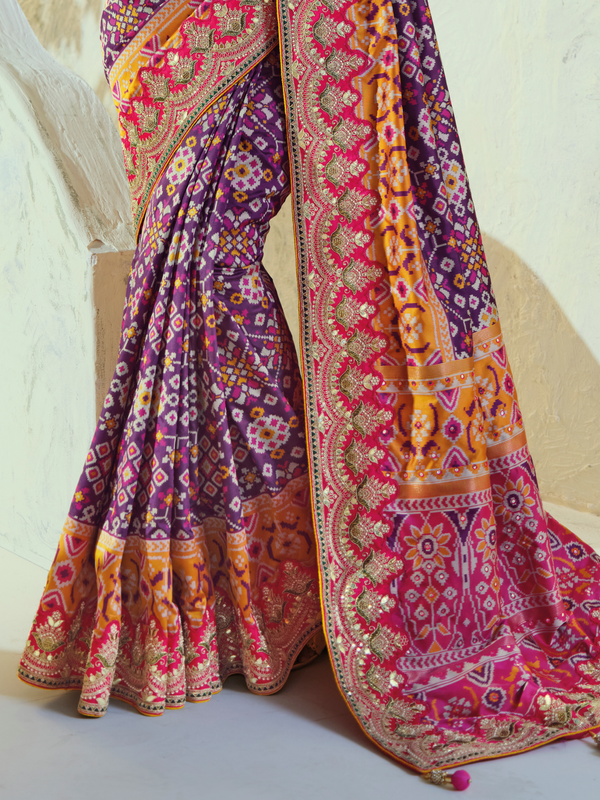 Royal Purple Patola Silk Saree With Contrast Blouse