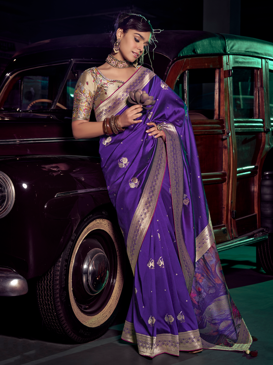 Violet Purple Banarasi Satin Silk Saree With Contrast Blouse