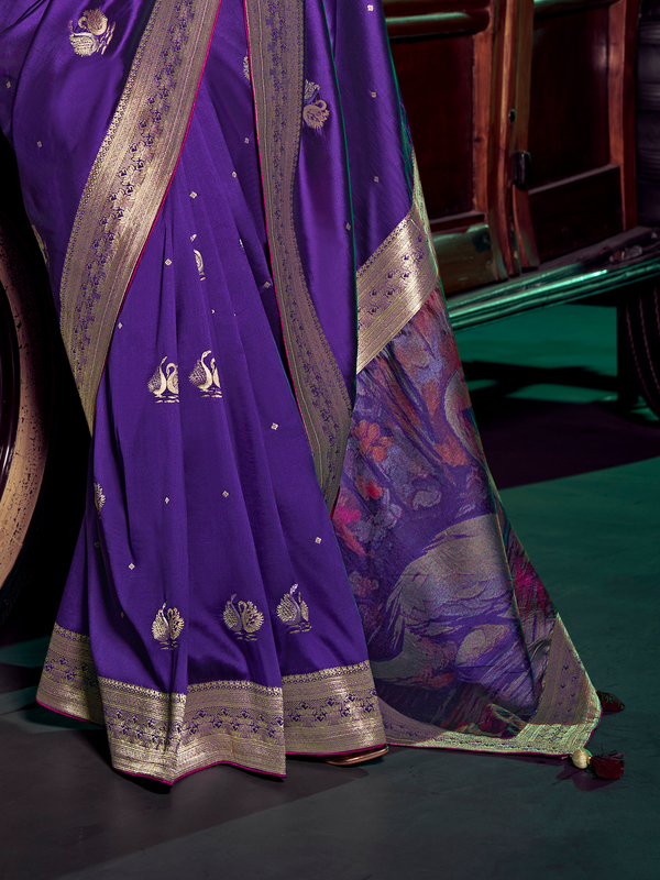 Violet Purple Banarasi Satin Silk Saree With Contrast Blouse