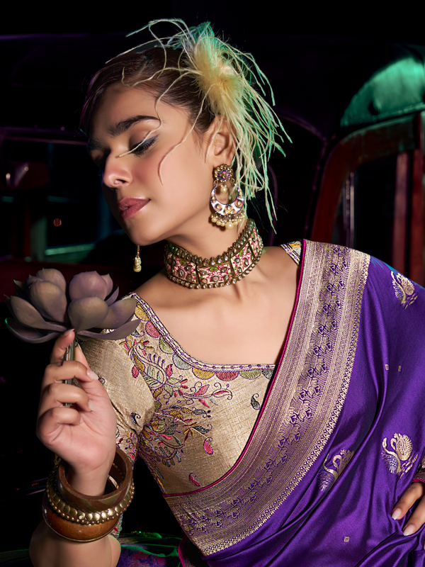 Violet Purple Banarasi Satin Silk Saree With Contrast Blouse