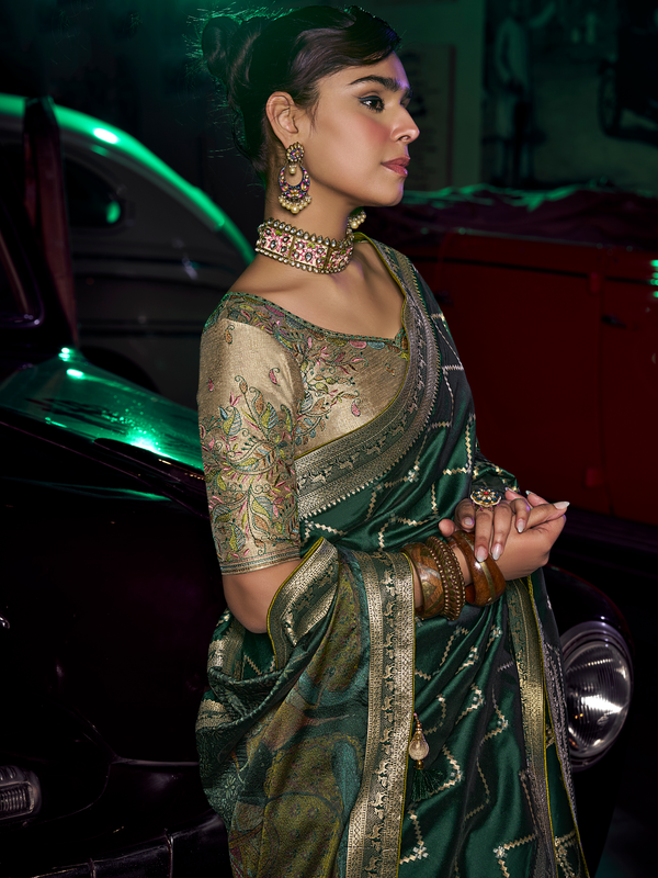 Bottle Green Banarasi Satin Silk Saree With Contrast Blouse