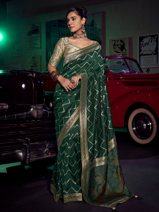 Bottle Green Banarasi Satin Silk Saree With Contrast Blouse