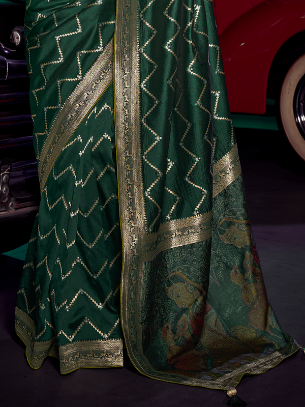 Bottle Green Banarasi Satin Silk Saree With Contrast Blouse