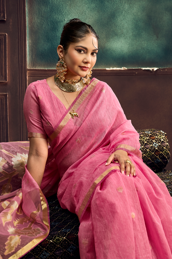 Rose Pink Banarasi Cotton Silk Saree