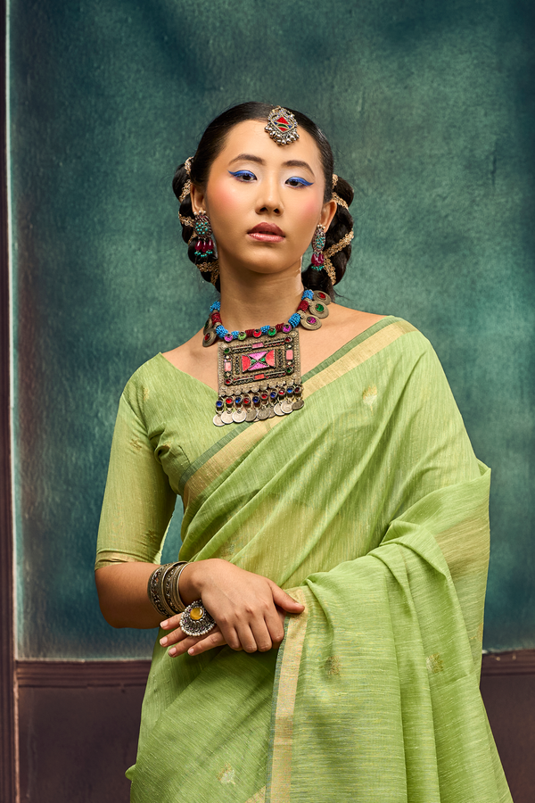 Pista Green Banarasi Cotton Silk Saree
