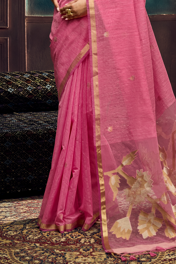 Rose Pink Banarasi Cotton Silk Saree