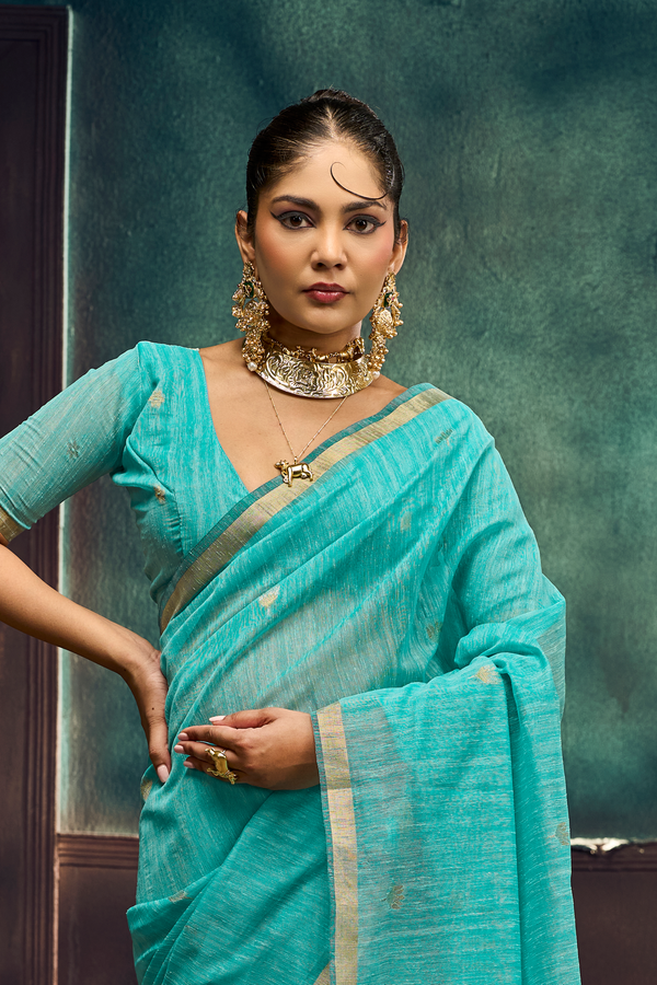 Aqua Blue Banarasi Cotton Silk Saree