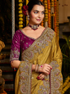 Mustard Yellow Banarasi Tissue Silk Saree With Contrast Blouse