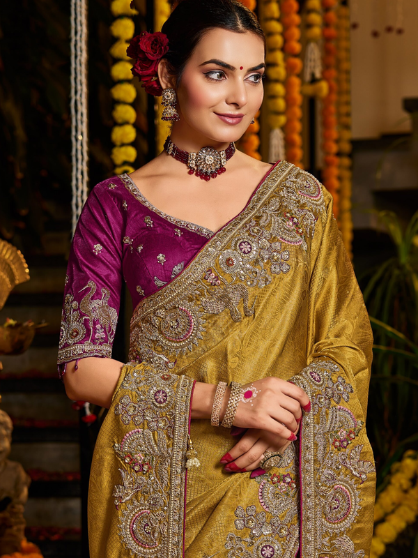 Mustard Yellow Banarasi Tissue Silk Saree With Contrast Blouse