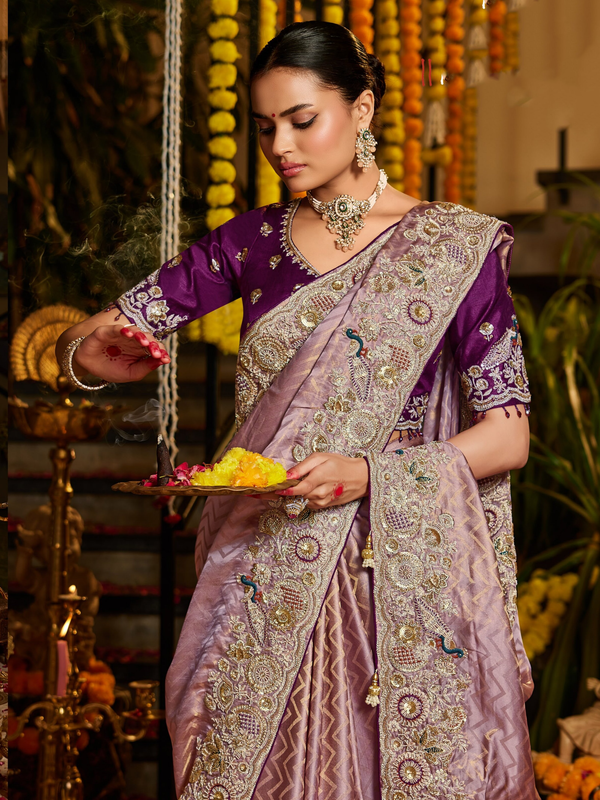 Mauve Purple Banarasi Tissue Silk Saree With Contrast Blouse