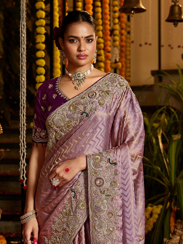 Mauve Purple Banarasi Tissue Silk Saree With Contrast Blouse