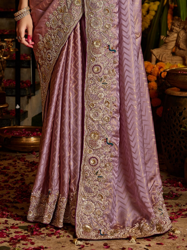 Mauve Purple Banarasi Tissue Silk Saree With Contrast Blouse