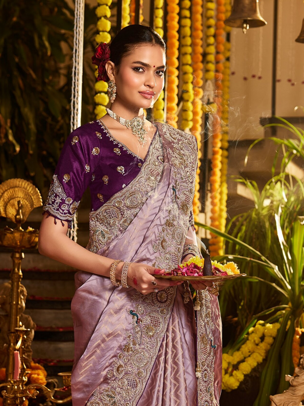 Mauve Purple Banarasi Tissue Silk Saree With Contrast Blouse