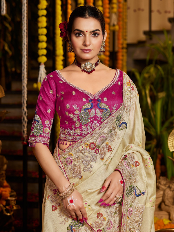 Cream Banarasi Tissue Silk Saree With Contrast Blouse