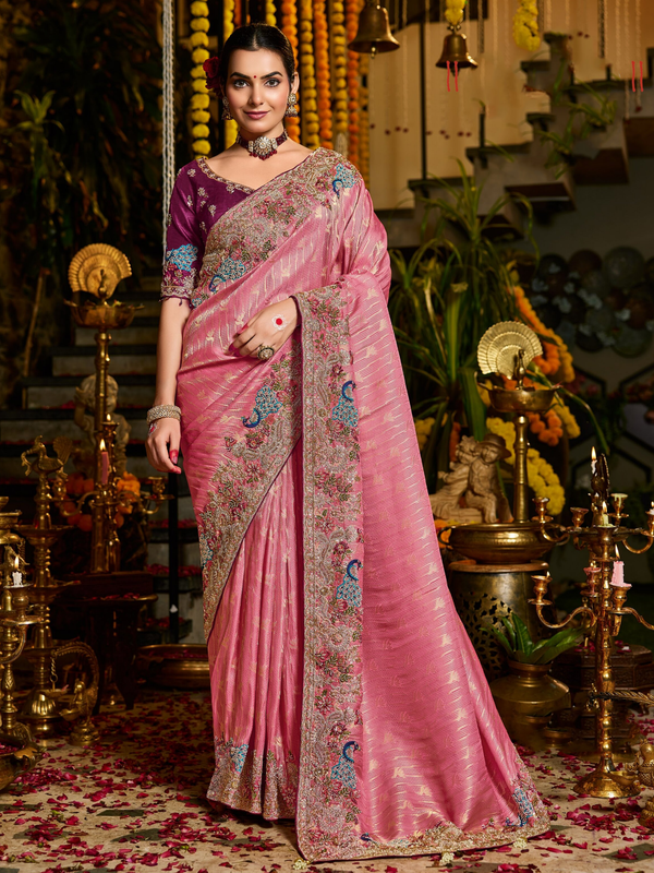 Rose Pink Banarasi Tissue Silk Saree With Contrast Blouse