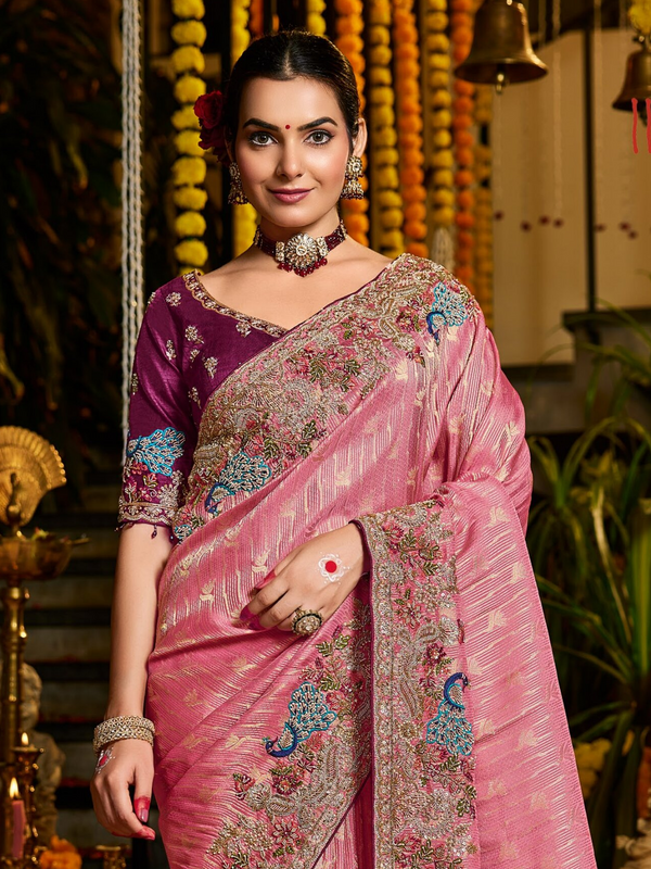 Rose Pink Banarasi Tissue Silk Saree With Contrast Blouse