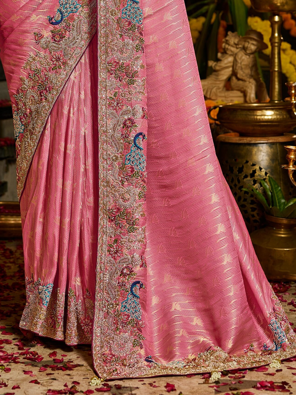 Rose Pink Banarasi Tissue Silk Saree With Contrast Blouse