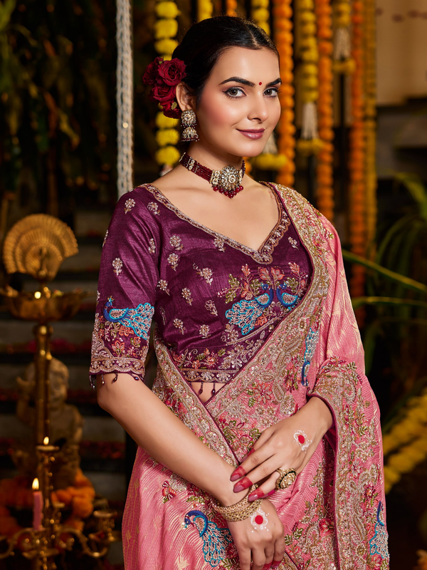 Rose Pink Banarasi Tissue Silk Saree With Contrast Blouse