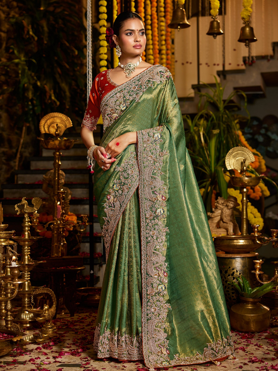 Mehendi Green Banarasi Tissue Silk Saree With Contrast Blouse