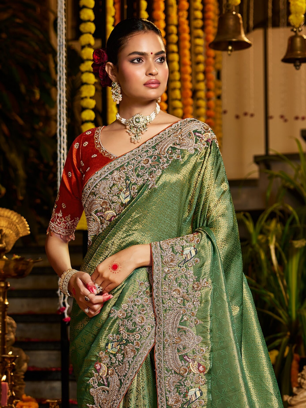 Mehendi Green Banarasi Tissue Silk Saree With Contrast Blouse