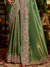 Mehendi Green Banarasi Tissue Silk Saree With Contrast Blouse