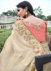 Almond Off White Embroidered Designer Tissue Silk Saree