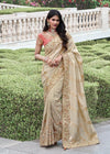 Almond Off White Embroidered Designer Tissue Silk Saree