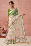 Almond White and Green Brasso Organza Printed Saree