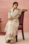 Almond White and Green Brasso Organza Printed Saree