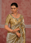 Antique Gold Embroidered Designer Tissue Silk Saree