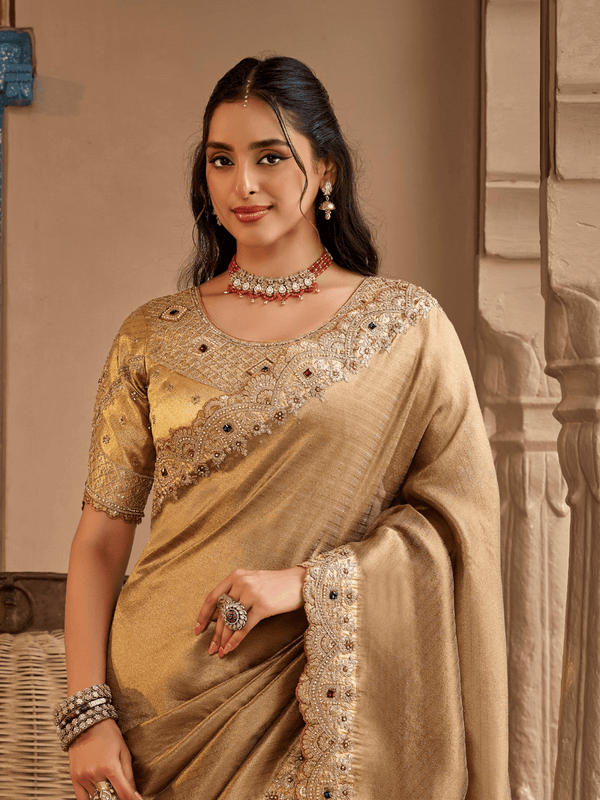 Antique Gold Embroidered Designer Tissue Silk Saree