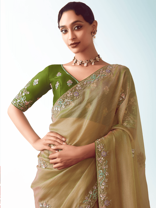 Antique Gold Embroidered Designer Tissue Silk Saree With Contrast Blouse