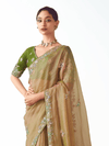 Antique Gold Embroidered Designer Tissue Silk Saree With Contrast Blouse