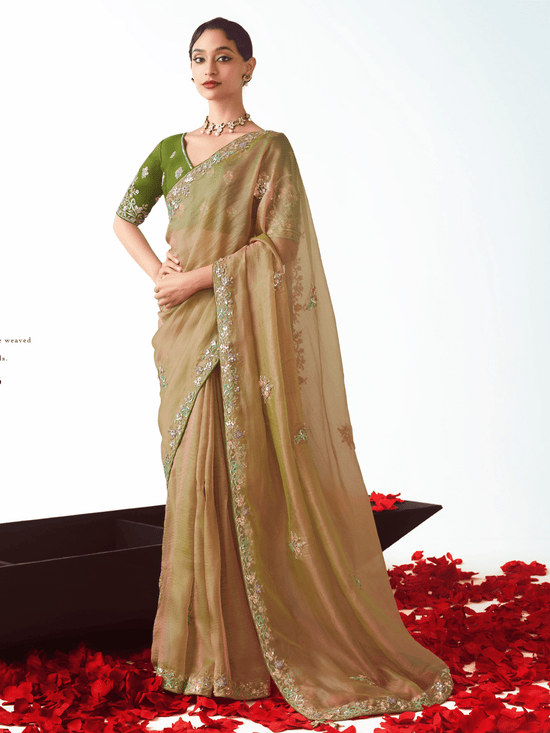 Antique Gold Embroidered Designer Tissue Silk Saree With Contrast Blouse