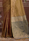 Antique Gold Tussar Silk Saree with Grey Contrast Blouse