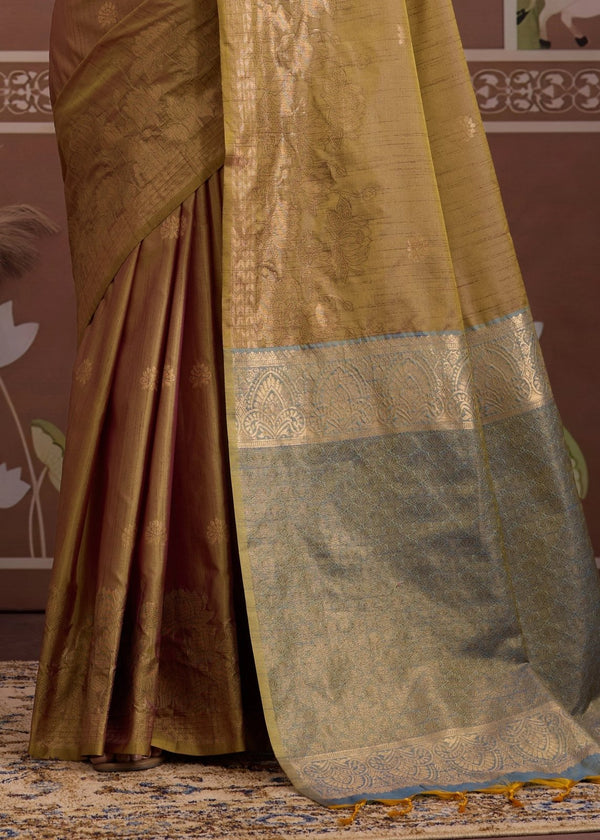 Antique Gold Tussar Silk Saree with Grey Contrast Blouse