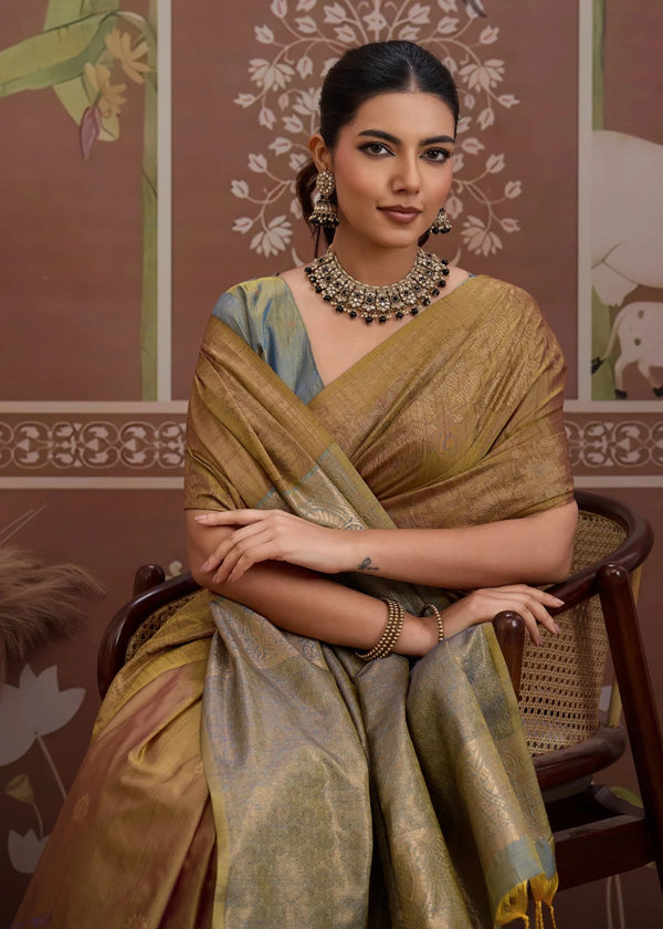 Antique Gold Tussar Silk Saree with Grey Contrast Blouse