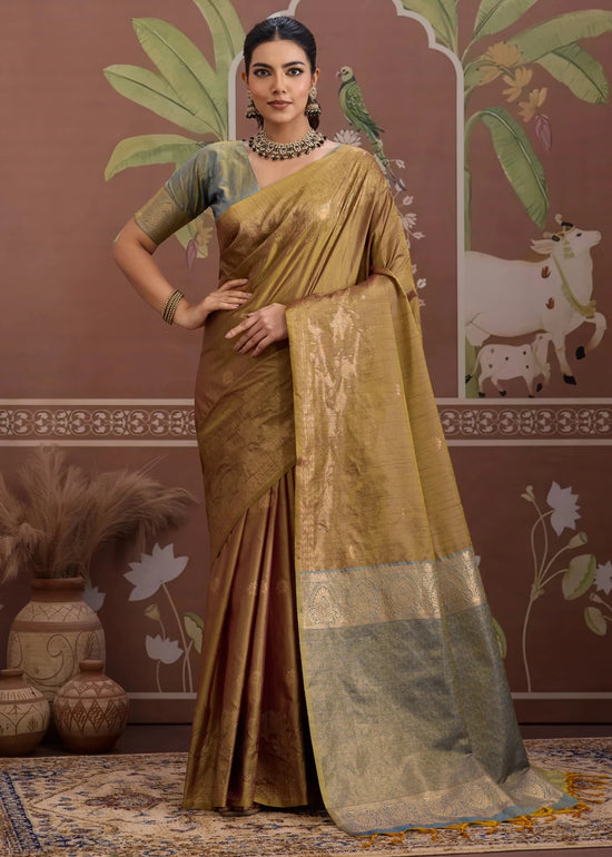 Antique Gold Tussar Silk Saree with Grey Contrast Blouse