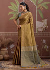Antique Gold Tussar Silk Saree with Grey Contrast Blouse