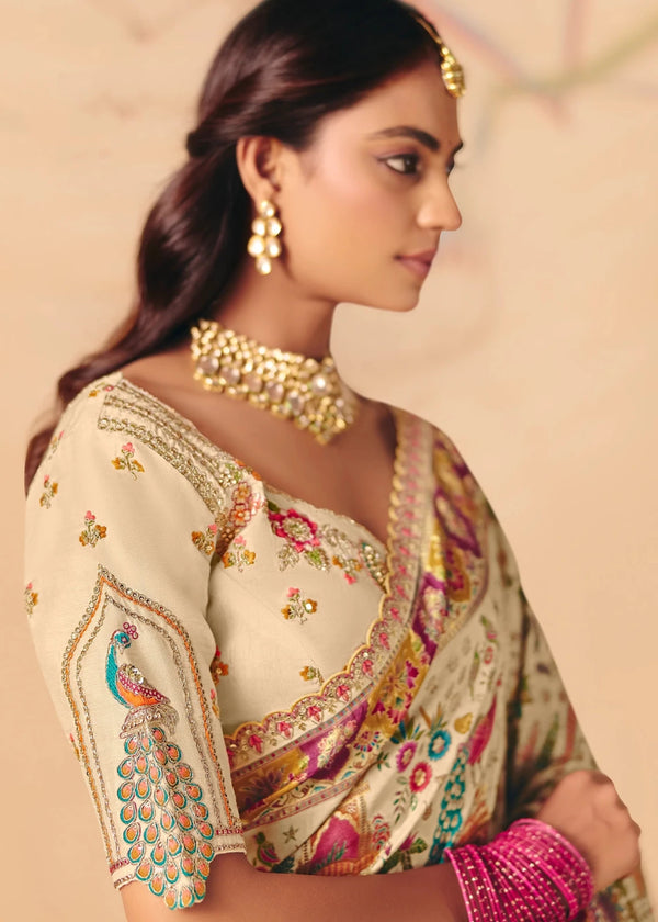 Antique Ivory Cream Pichwai Designer Dola Silk Saree