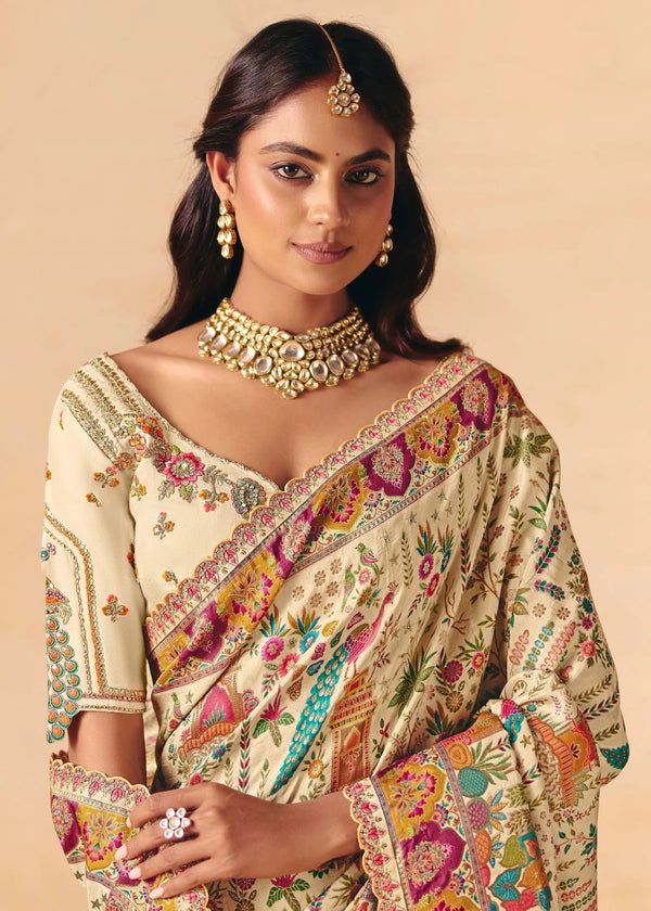 Antique Ivory Cream Pichwai Designer Dola Silk Saree