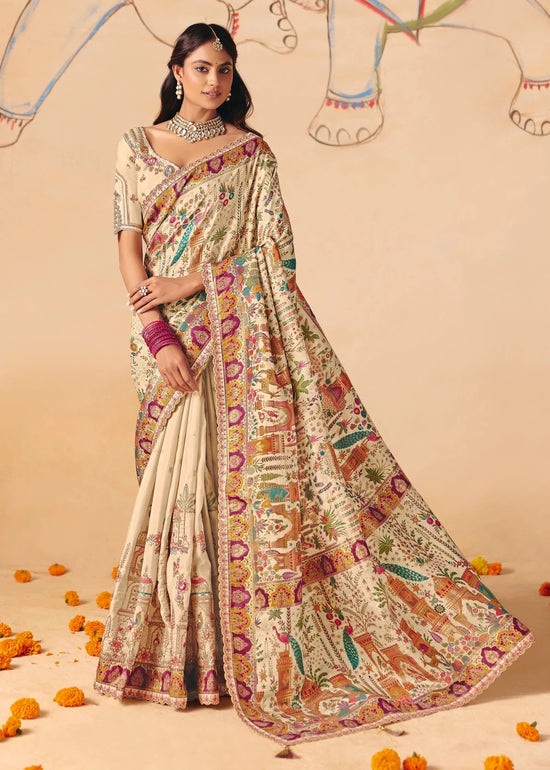 Antique Ivory Cream Pichwai Designer Dola Silk Saree