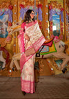 Antique White And Rose Handloom Banarasi Silk Saree