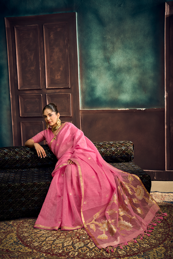 Rose Pink Banarasi Cotton Silk Saree
