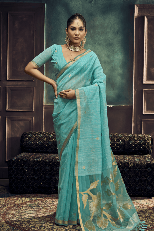 Aqua Blue Banarasi Cotton Silk Saree