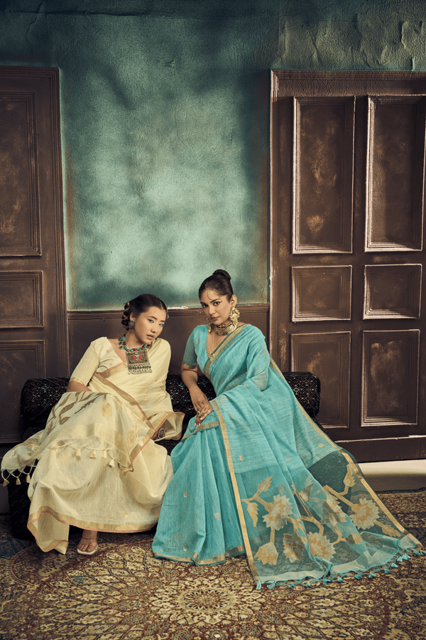 Aqua Blue Banarasi Cotton Silk Saree