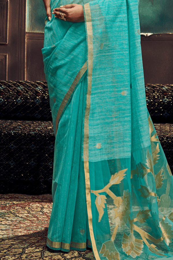 Aqua Blue Banarasi Cotton Silk Saree
