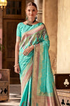 Aqua Blue Banarasi Soft Silk Saree