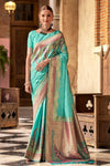 Aqua Blue Banarasi Soft Silk Saree